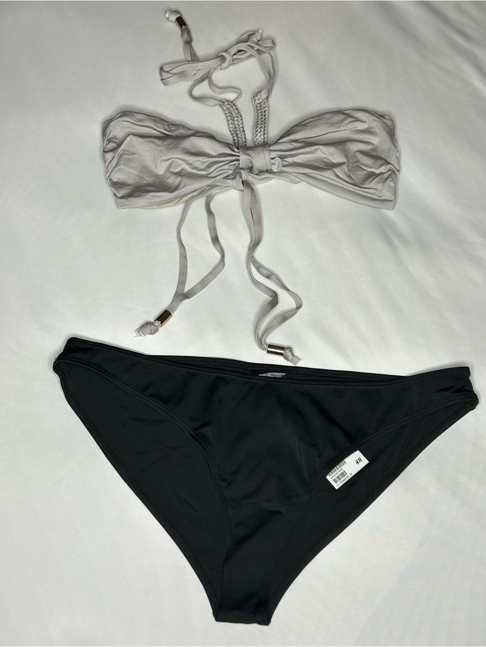 NWT H&M Bikini Grey Bandeau Top w/ Braided Ties and Black Bikini Bottoms Size 14